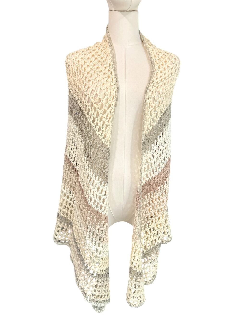 Handmade Crochet Shawl Wrap Ivory Taupe Gray Open Knit Boho Lagenlook OS Earthy
